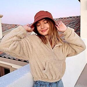 ✨ ZAFUL Women's Faux Fur Half Zip Fuzzy Sweatshirt Warm Fleece Crop Sherpa ✨